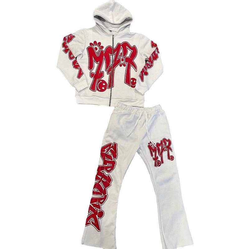 Custom Acid Wash Sun Faded Flared Jogger Track Suit Zip Hoodie Sweatpants Set Men Oversized Embroidered Sun Faded Flared