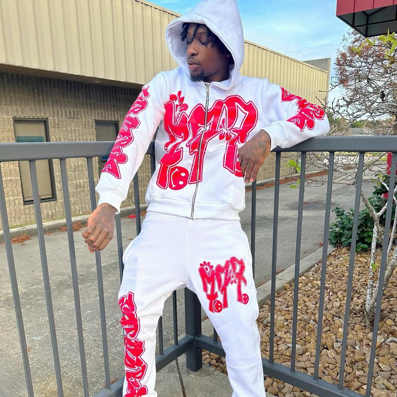 Custom Acid Wash Sun Faded Flared Jogger Track Suit Zip Hoodie Sweatpants Set Men Oversized Embroidered Sun Faded Flared