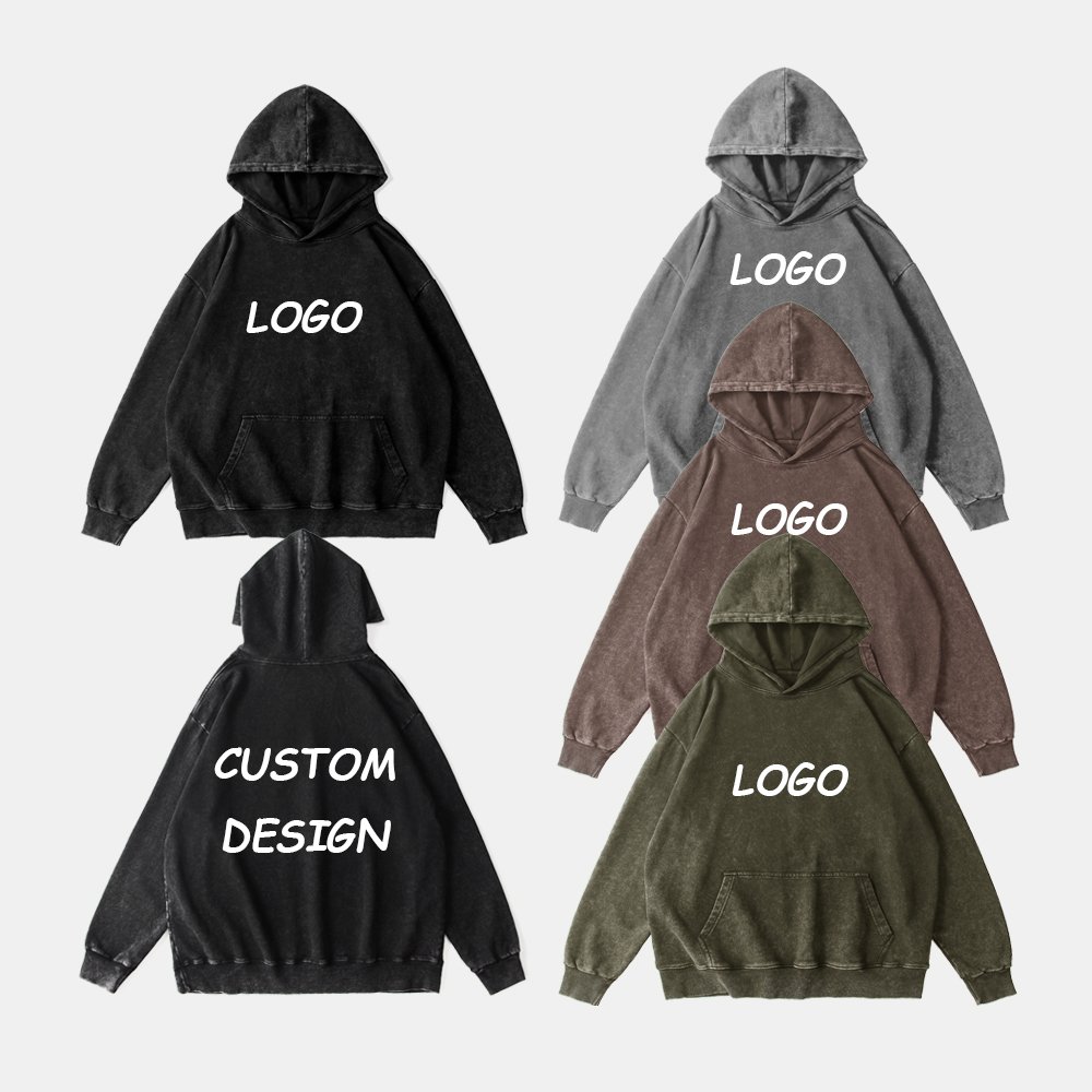 Custom 100% Cotton Men's Hoodies Manufacturers Puff Print 350gsm Heavyweight Vintage Acid Wash Hoodie