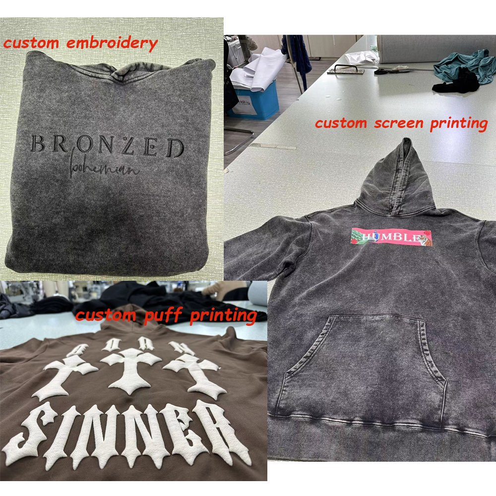 Custom 100% Cotton Men's Hoodies Manufacturers Puff Print 350gsm Heavyweight Vintage Acid Wash Hoodie