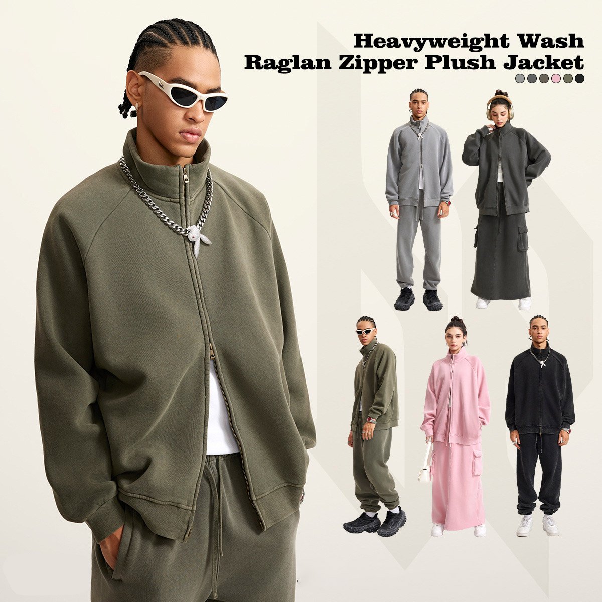 Custom Logo 350Gram Heavyweight Raglan Sleeve Acid Wash Zipper Men'S Cardigan Hoodie Sweatshirt Jacket