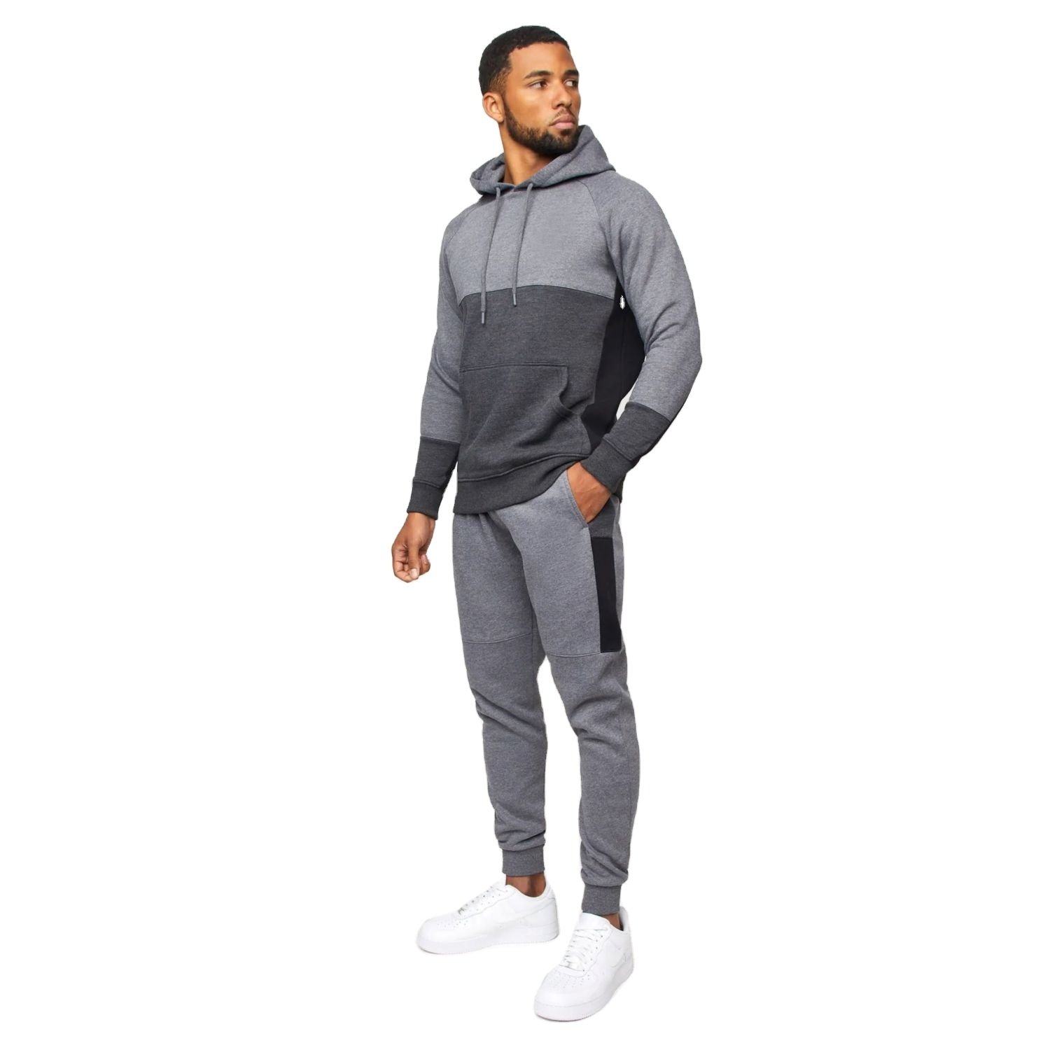 Men's Cotton Track Suit Solid Color Hooded Pullover Sweater and Sweatpants Set Fitness Sportswear for Adults Model Dried