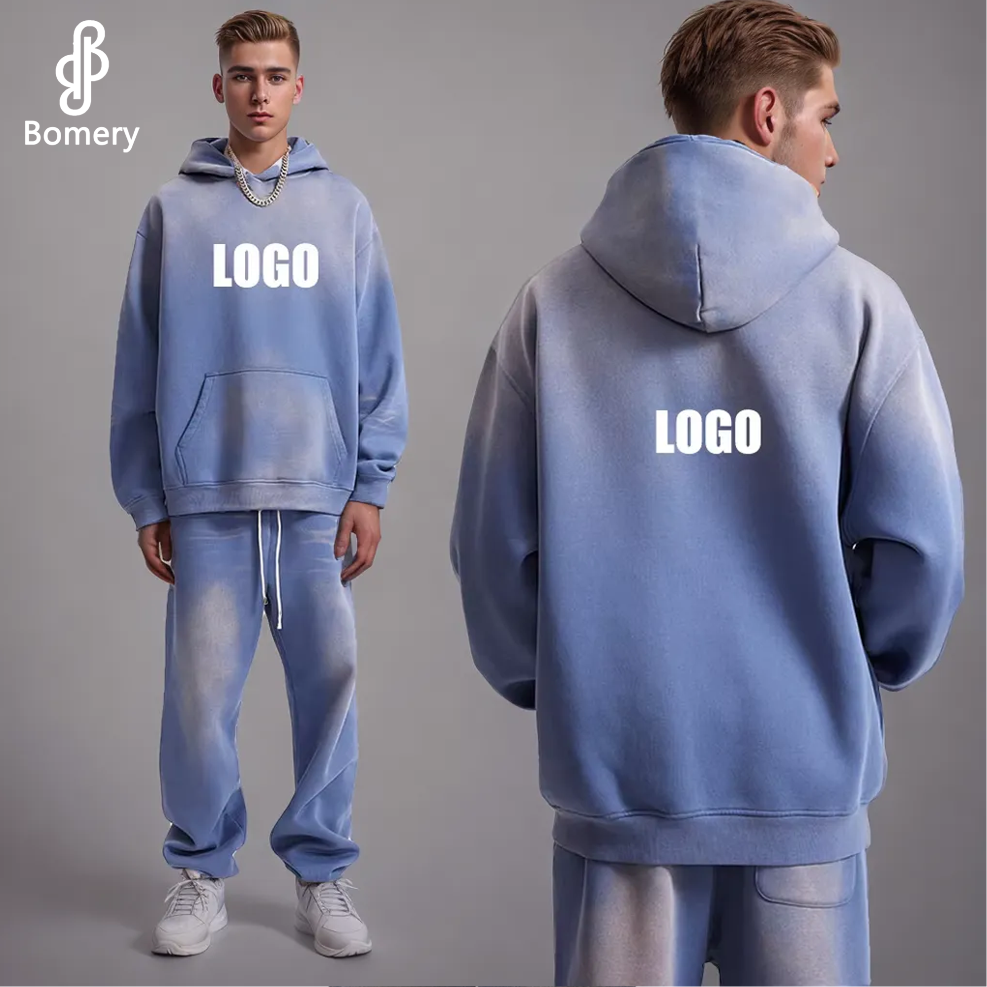 Bomery High Quality 375G Oversized Custom Gradient Men's Hoodies And Joggers Sets Unisex Tracksuit Cotton Oversized Sweatsuit