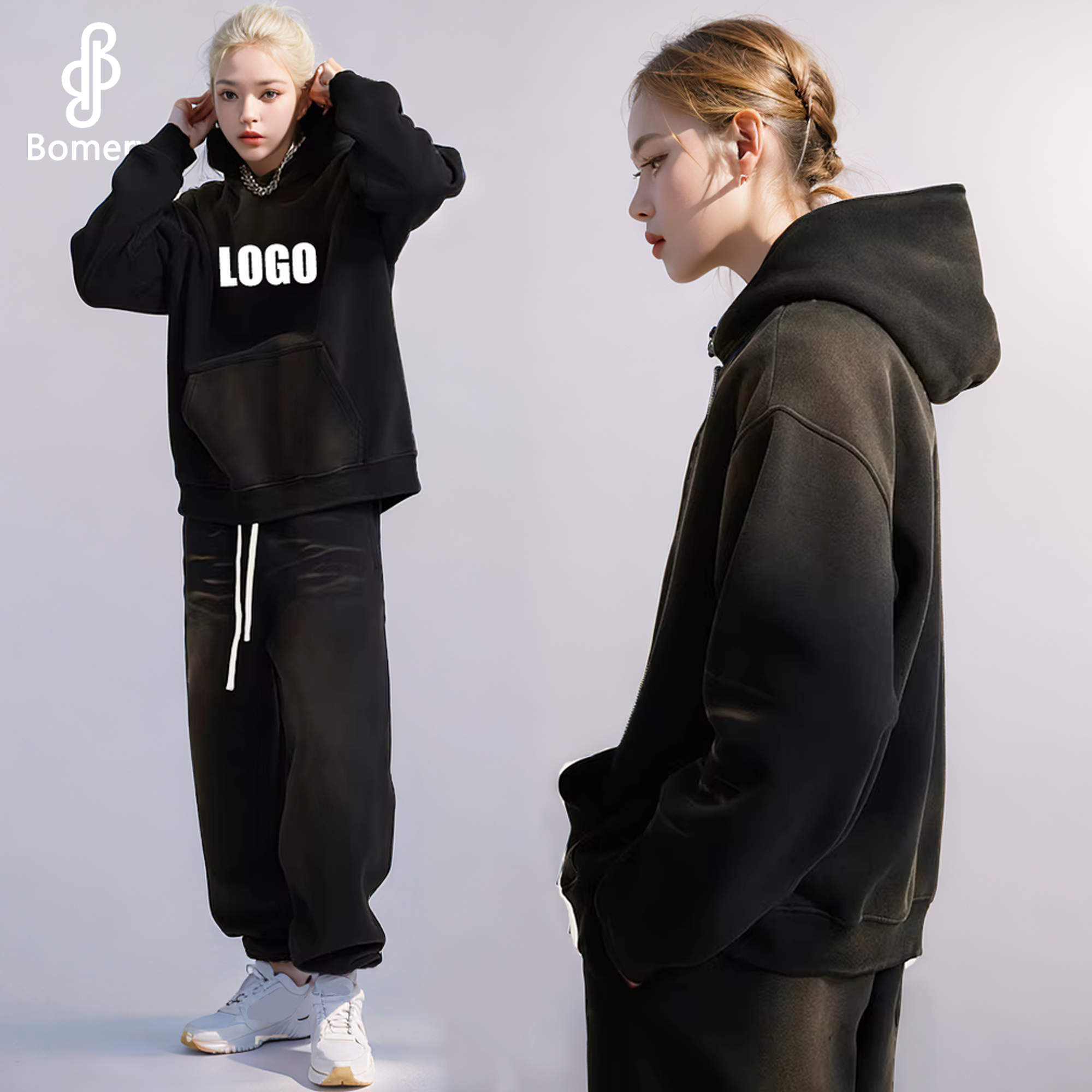 Bomery High Quality 375G Oversized Custom Gradient Men's Hoodies And Joggers Sets Unisex Tracksuit Cotton Oversized Sweatsuit