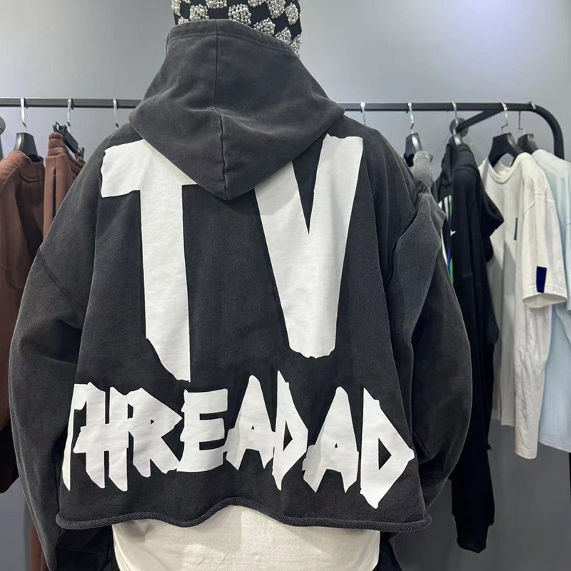 Manufacturer Custom Streetwear Vintage Oversized Distressed Acid Wash Cotton French Terry Cut Edge Raw Hem Cropped Hoodie men