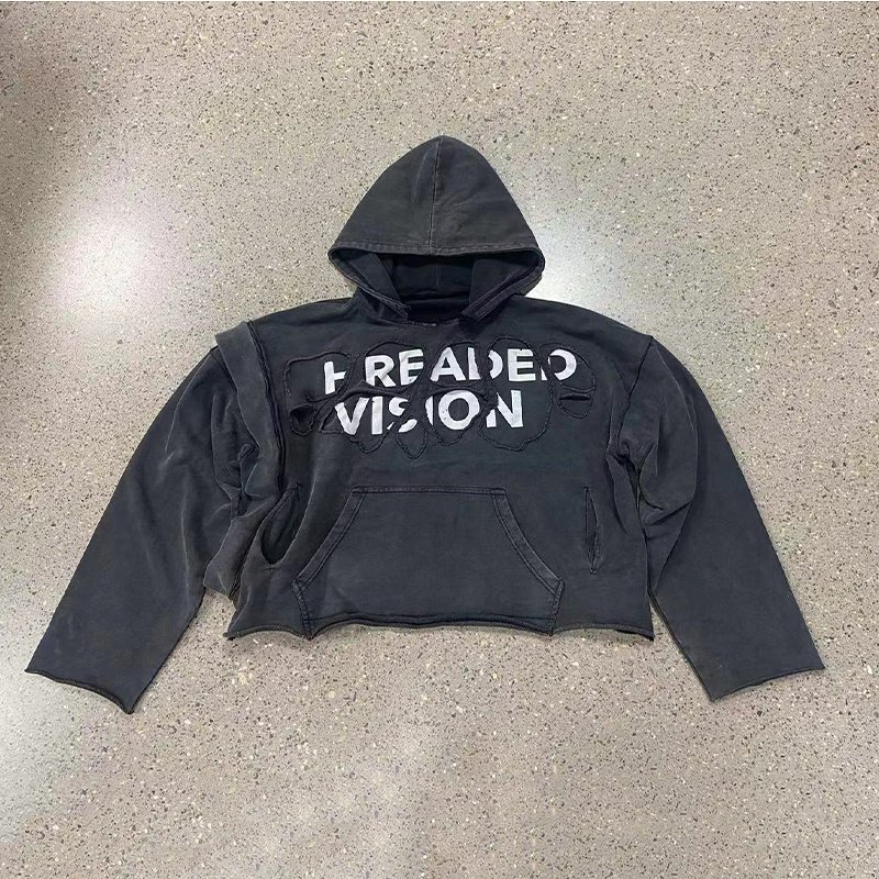 Manufacturer Custom Streetwear Vintage Oversized Distressed Acid Wash Cotton French Terry Cut Edge Raw Hem Cropped Hoodie men