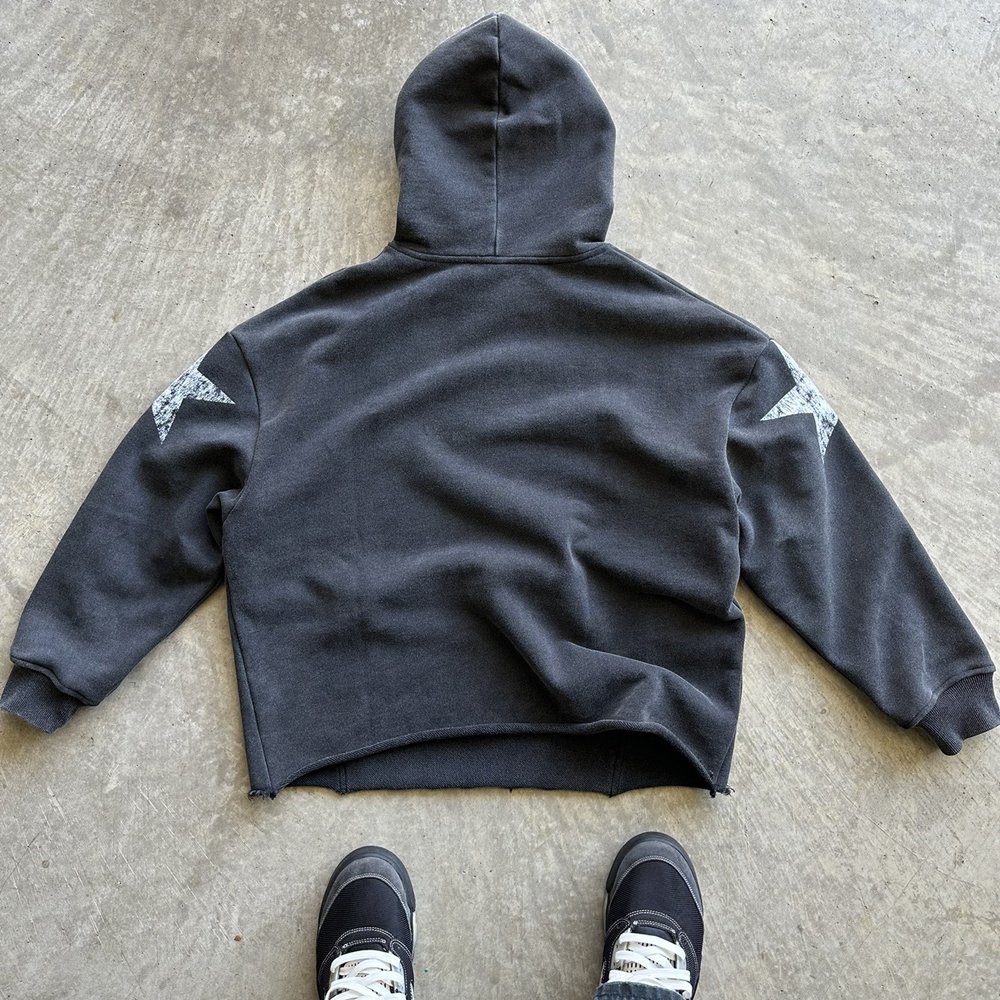 Custom Men's Vintage Boxy Hoodie 100% Cotton 500gsm Distressed Cropped Hem Acid Washing Digital DTG Autumn Embroidered Fabric