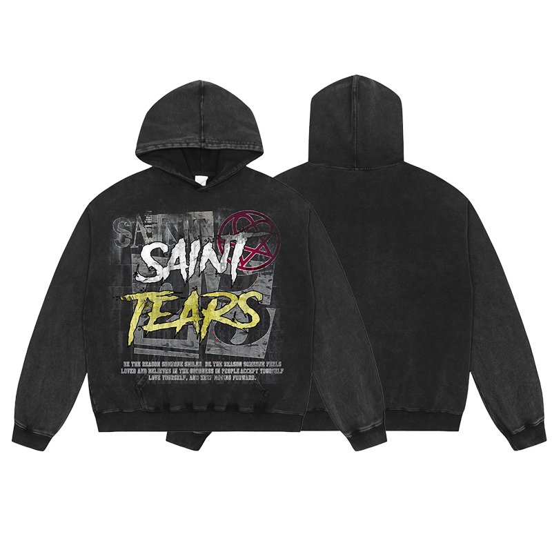 Manufacturer High Quality Heavyweight Streetwear Cotton Oversized Vintage Wash Print Saint Tears Terry Men's Hoodies&Sweatshirts