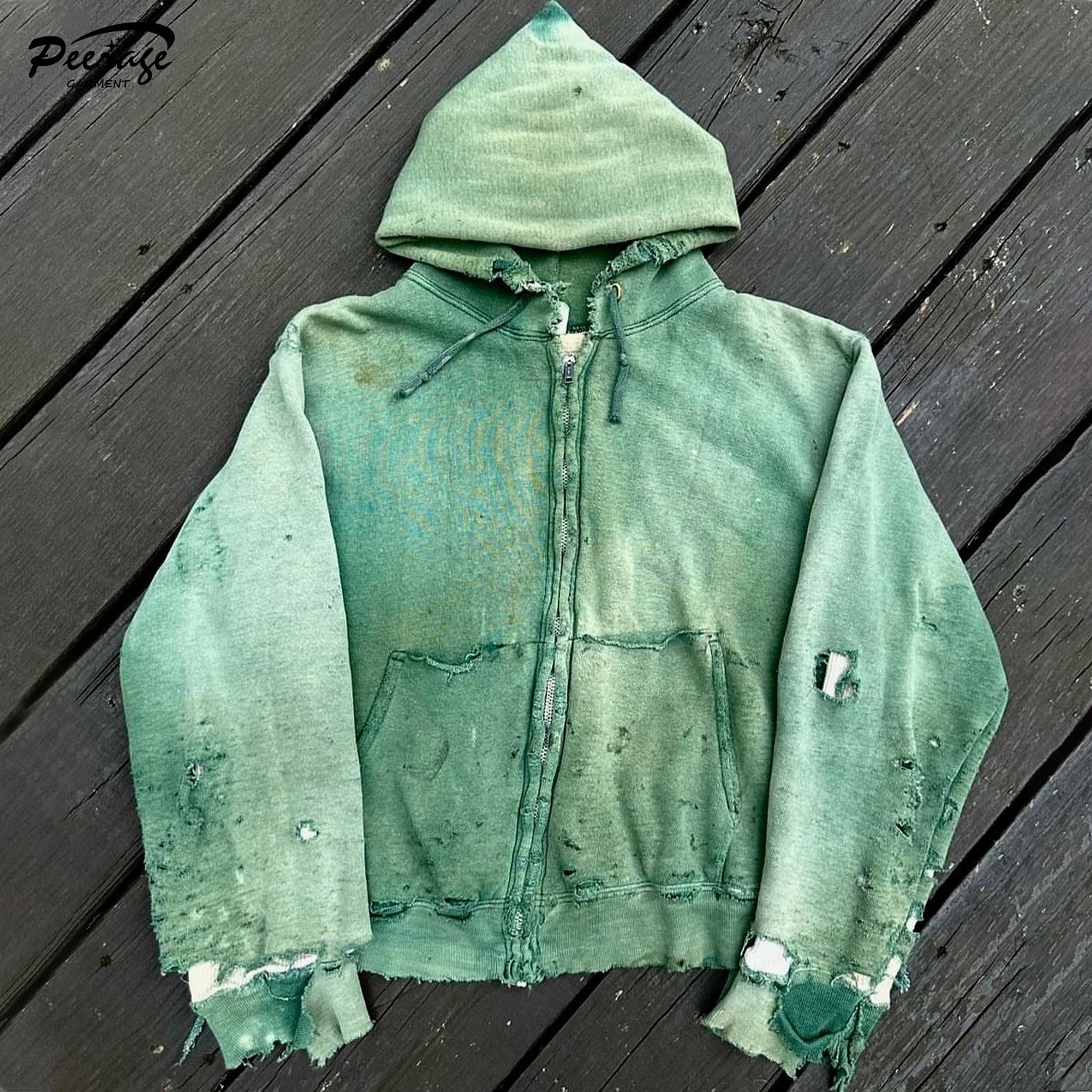 Manufacturer Custom Men's Streetwear Oversize Heavy Cotton Stone Wash SunFade Pink Green Black Rip Distress ZipUp Hoodie for Men