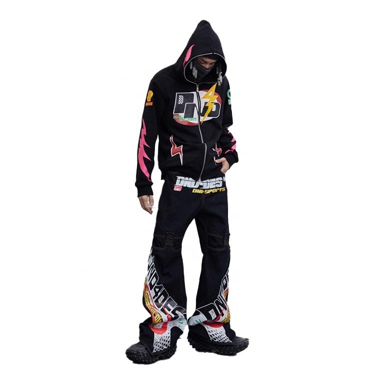 Finch Garment Custom Streetwear Racing Hoodie Set Blank Oversized Full Zip Up Men's Flare Sweat Pants Men With Hoodies