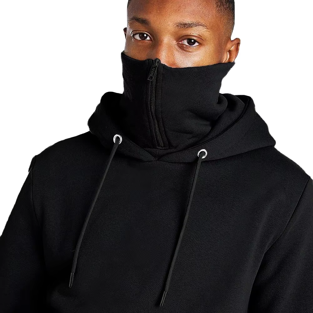 OEM Wholesale Men's Solid Color Hoodie Oversized Streetwear Fleece Sweatshirt Big Pocket Zipper Printed Masked Hooded Sweater