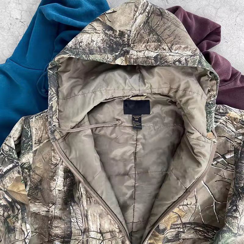 Custom vintage real tree camo hoodie printing camouflage zip up jacket camo hunting hoodie for men