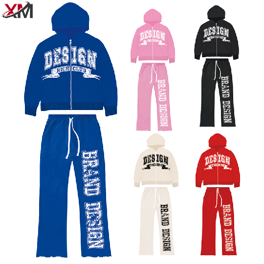 Winter Fashion Long Sleeve Sweatsuit Men Cotton Embroidery Tracksuit Custom 3D Puff Printed Logo Men Zip Up Hoodies Set