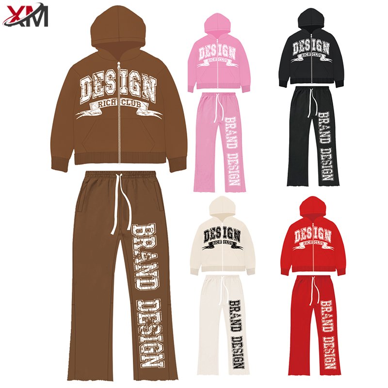 Winter Fashion Long Sleeve Sweatsuit Men Cotton Embroidery Tracksuit Custom 3D Puff Printed Logo Men Zip Up Hoodies Set
