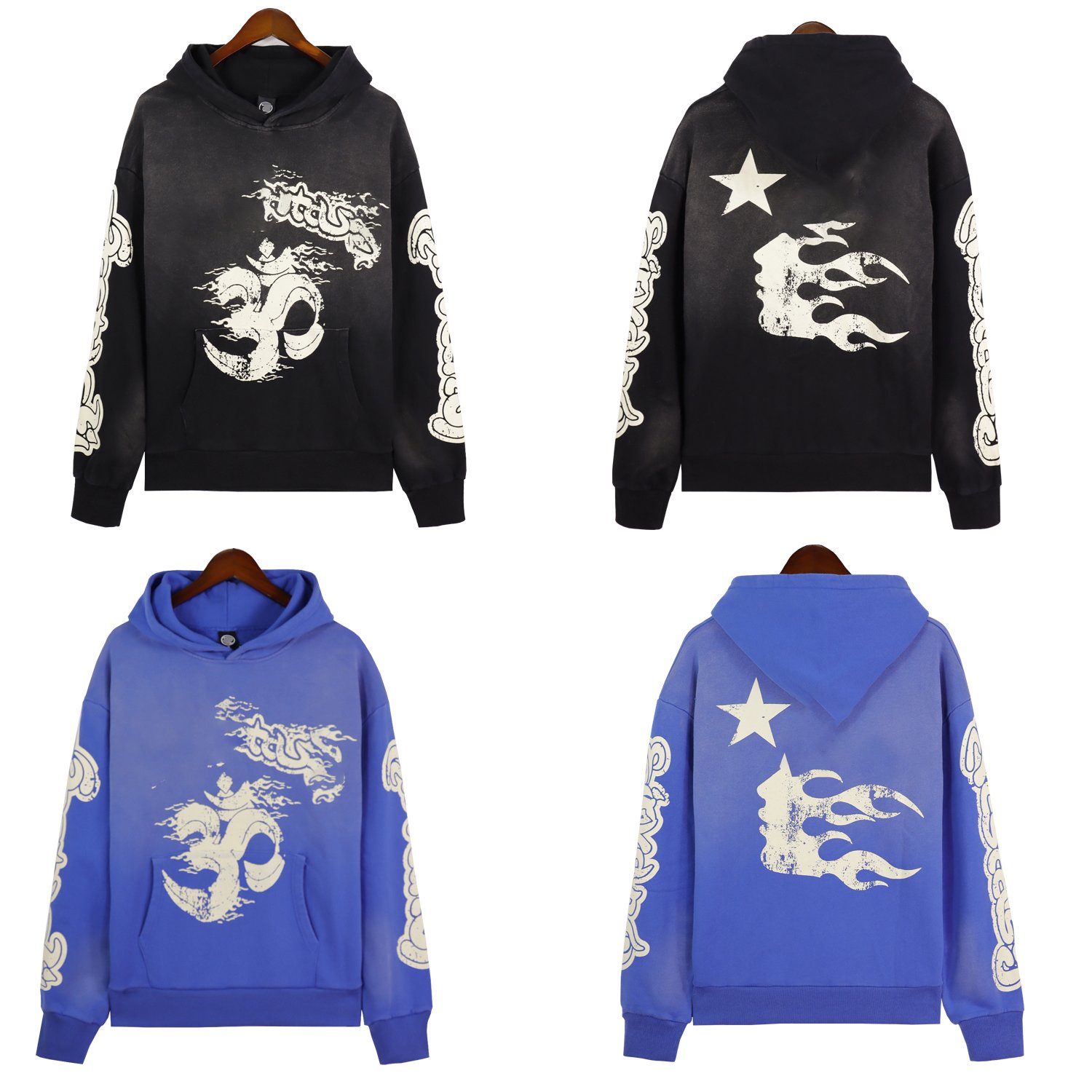 2024 new fashion streetwear sets 100%cotton french terry washed sun faded flare sweatpants distressed hoodie tracksuit