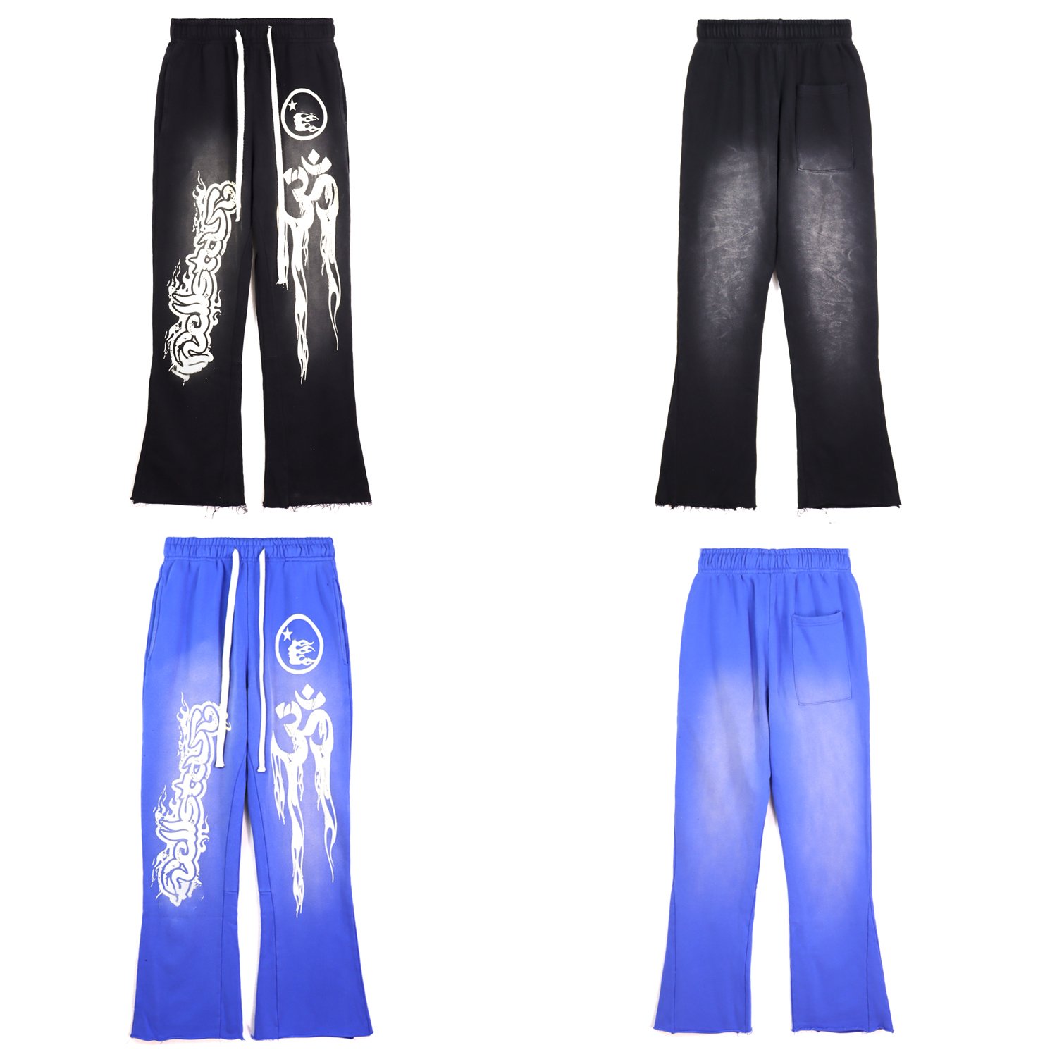 2024 new fashion streetwear sets 100%cotton french terry washed sun faded flare sweatpants distressed hoodie tracksuit