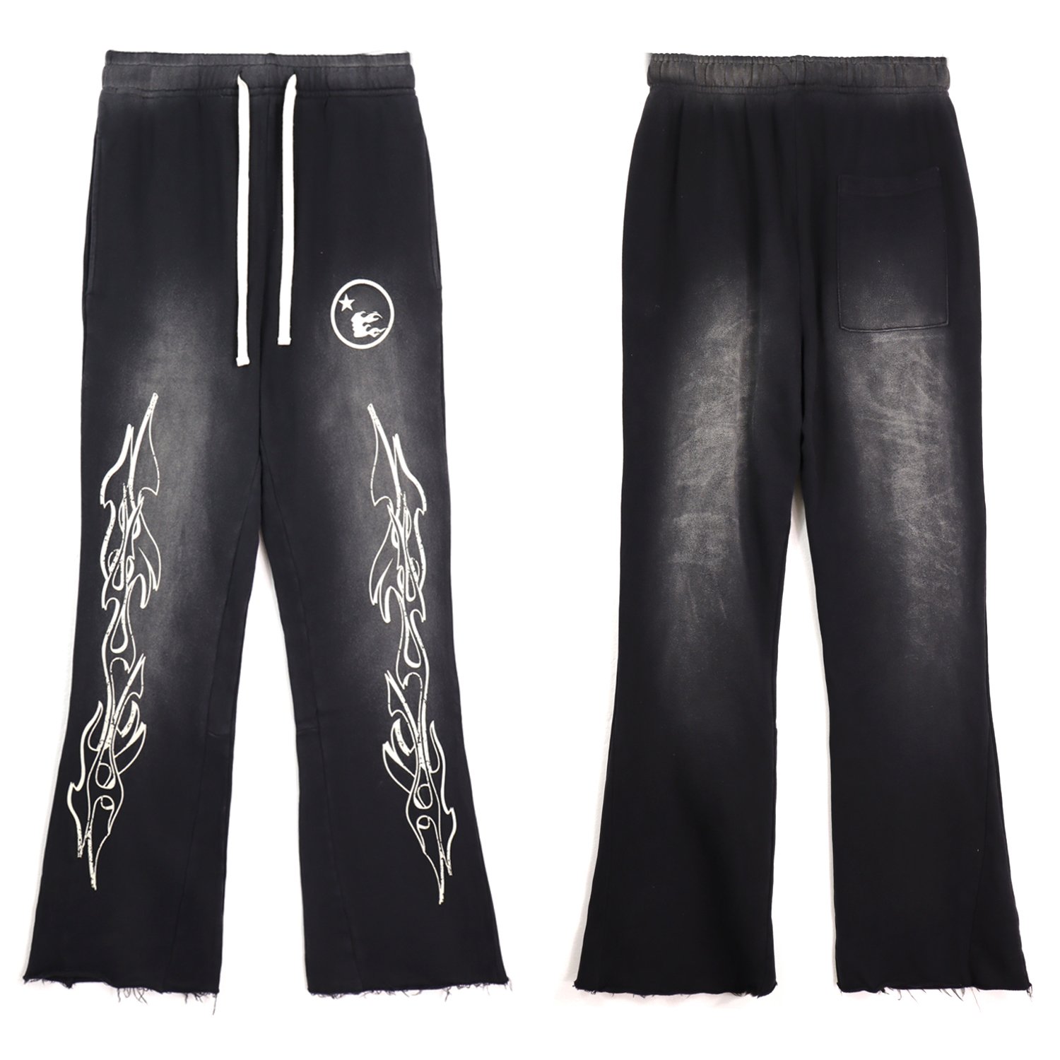 2024 new fashion streetwear sets 100%cotton french terry washed sun faded flare sweatpants distressed hoodie tracksuit