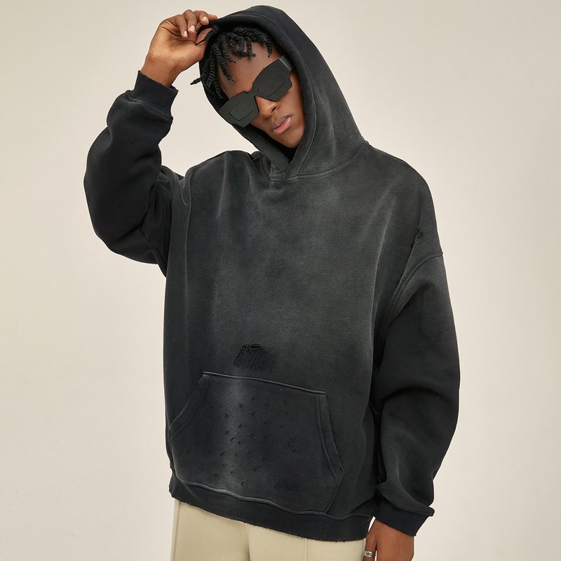 High Quality Cotton Hoodie Heavyweight Unisex Fleece Mens Cotton Oversized Distressed Acid Washed Hoodie