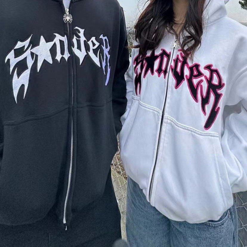 Fashion Design Dark Sweatshirt Men's and Women's Hoodie Gothic Couple Harajuku Large Size Spider Print Zip Sweatshirt