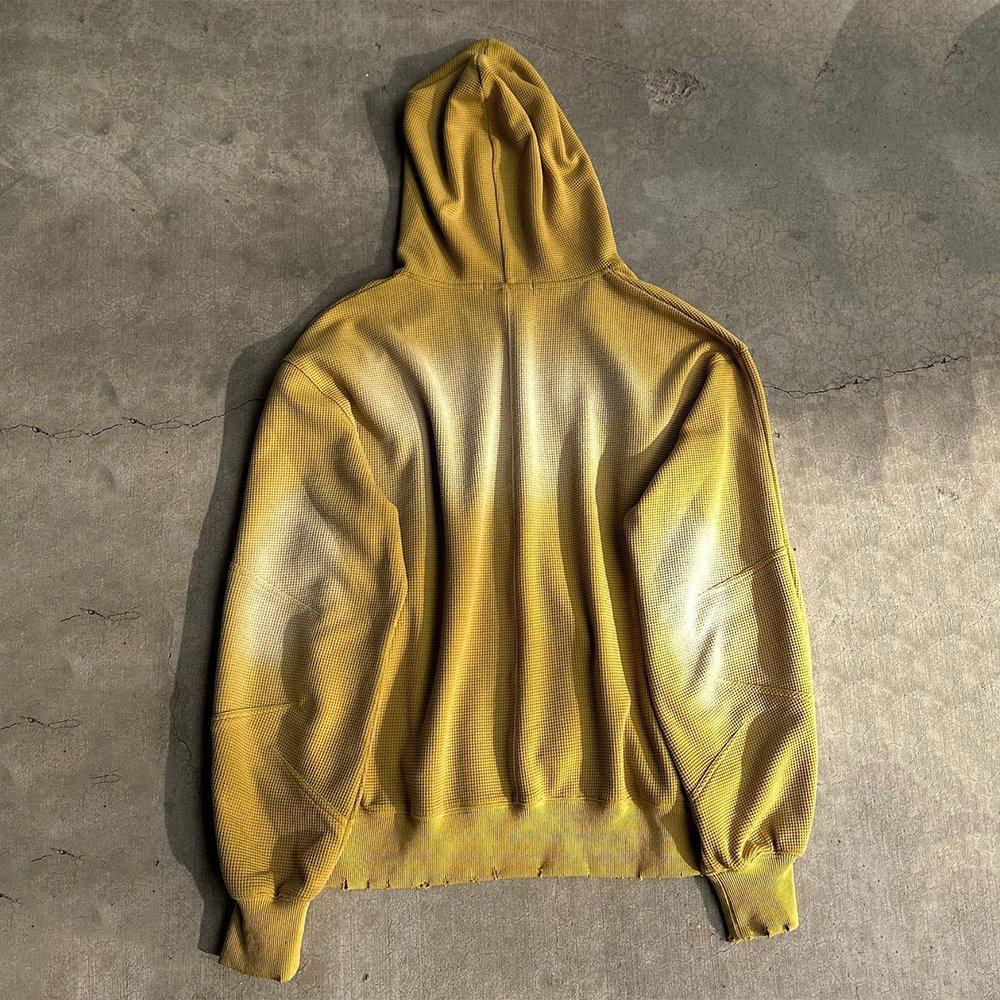 Sun Faded Vintage Design 100% Cotton 320gsm Men's Zip up Hoodies Custom Acid Wash Waffle Thermal Distressed Hoodies
