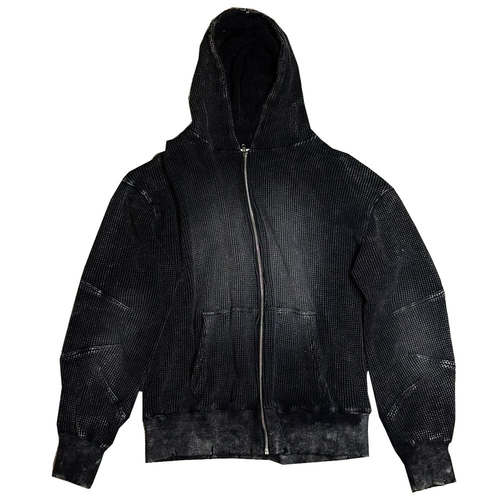 Sun Faded Vintage Design 100% Cotton 320gsm Men's Zip up Hoodies Custom Acid Wash Waffle Thermal Distressed Hoodies