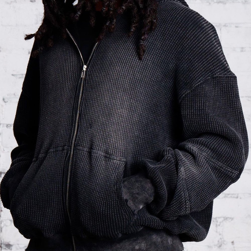 Sun Faded Vintage Design 100% Cotton 320gsm Men's Zip up Hoodies Custom Acid Wash Waffle Thermal Distressed Hoodies