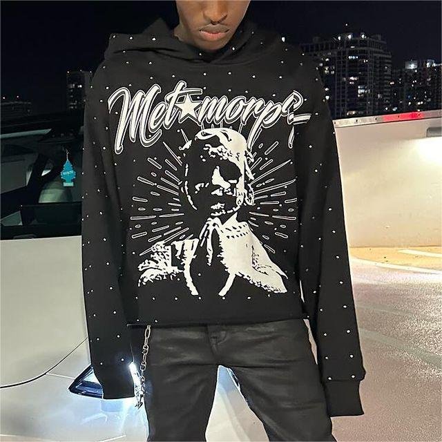 Rhinestone Hoodie For Men Screen Print Hoodies Oversize Men Printing Heavyweight French Terry Pullover Casual Sweatshirts