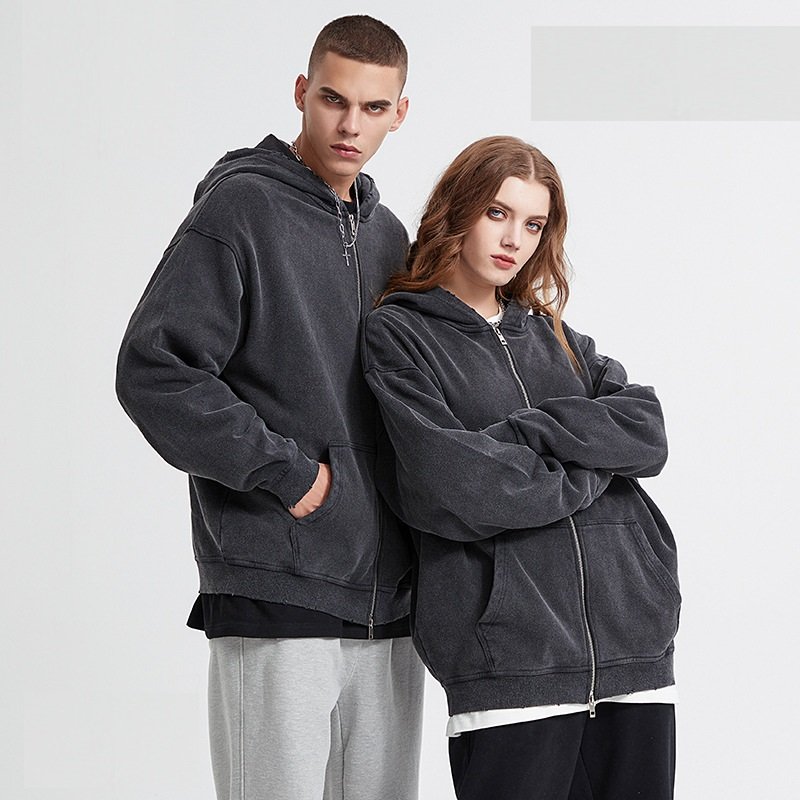 2024 Heavy 420 g wool zipper men's hoodie pure cotton made old vintage edging destroyed hoodie