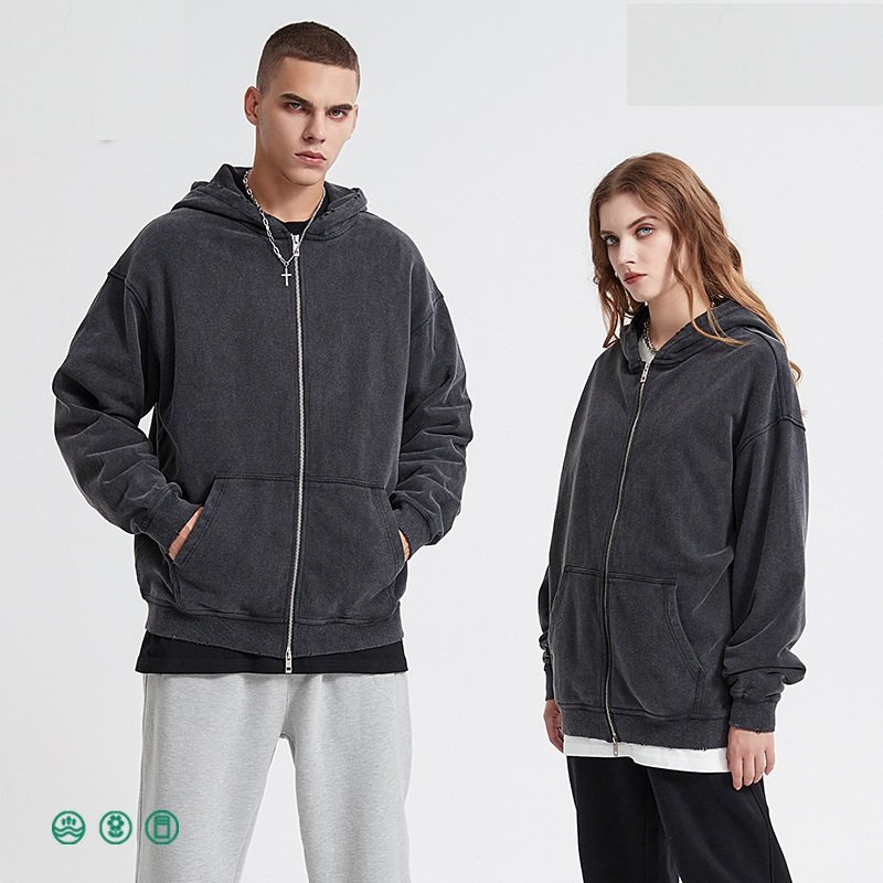 2024 Heavy 420 g wool zipper men's hoodie pure cotton made old vintage edging destroyed hoodie