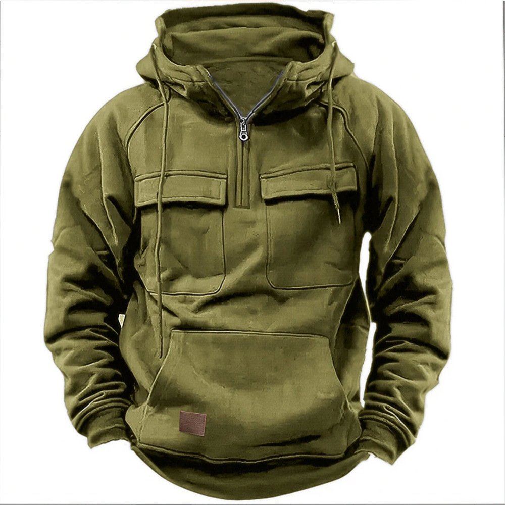 2024 HO Autumn-Winter Men's Hooded Hoodie 100% Polyester Solid Color Coat European American Youth Sports Multi-Pocket Style