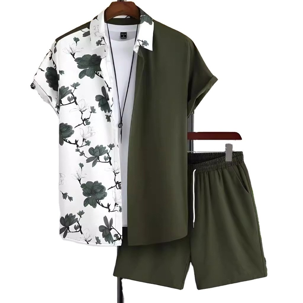 Summer hot selling black and white striped vacation men's shirt set