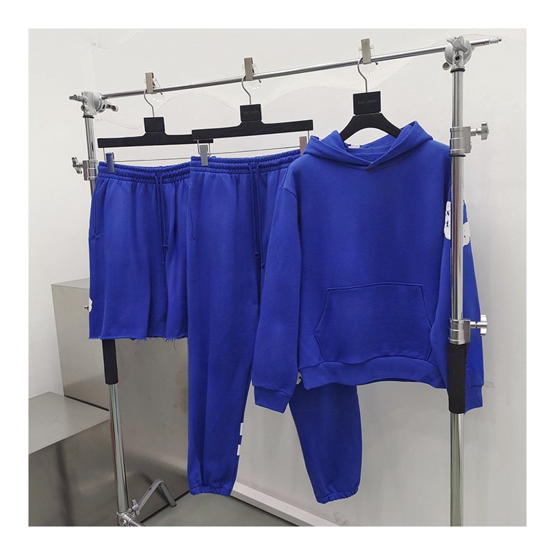 Wholesale Top Quality Heavy Weight Cotton Black Line Label Oversize Denim Puff Print Hoodie And Sweatpants Set Men's Tracksuit