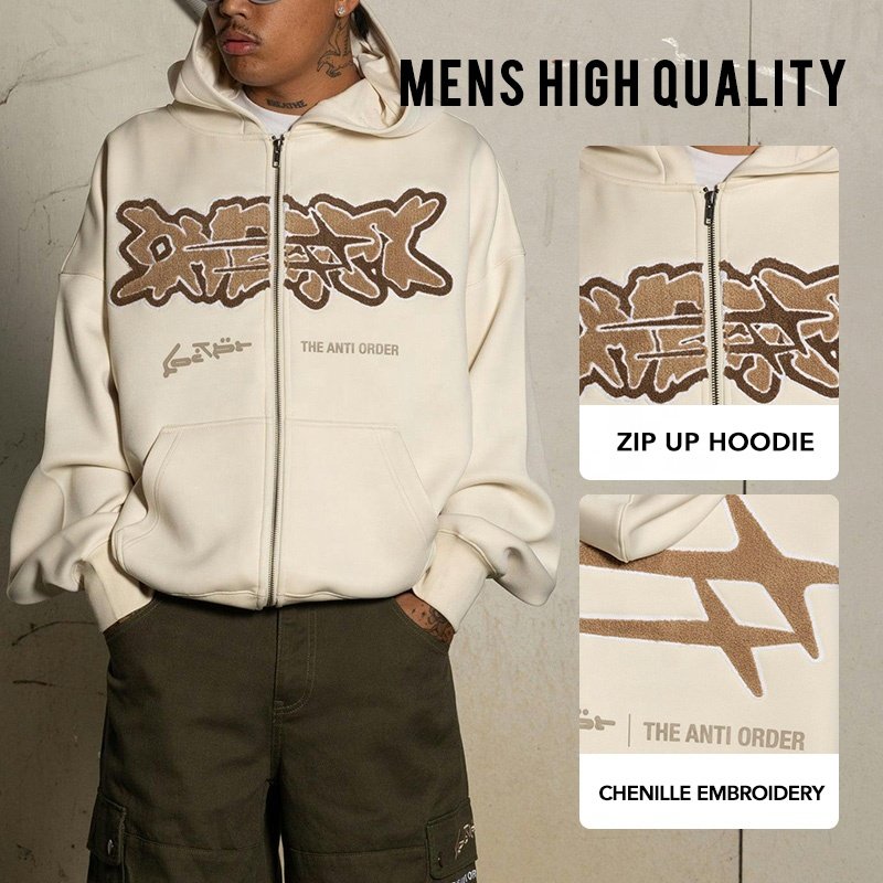 Mens High Quality Zip up Hoodie Chenille Embroidery Custom 500gsm Heavyweight Oversized French Terry Fleece Hoodie Knitted