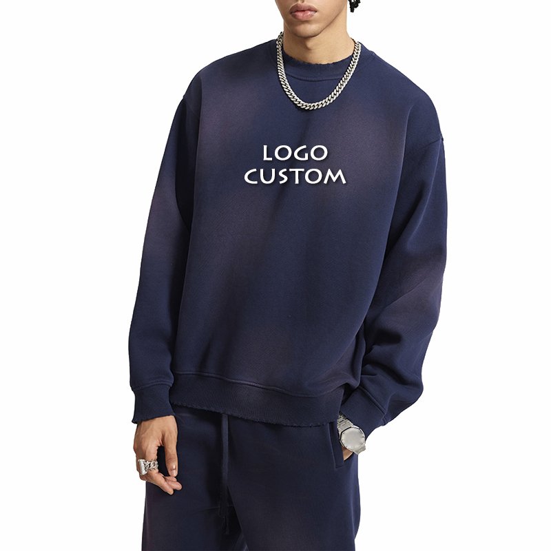 Autumn Winter Loose Sports Plus Fleece Mens Sweatshirts Customized Heavy Washed Round Neck Men's Hoodies Sweatshirts