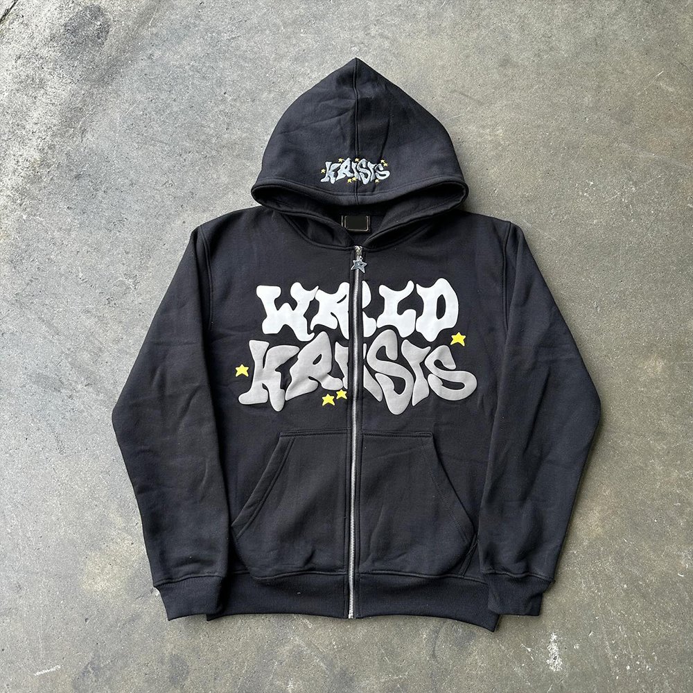 Wholesale Streetwear Y2K Men's Hoodies Sweatshirts Custom Puff Printing Zip Up Unisex Hoodies for Men