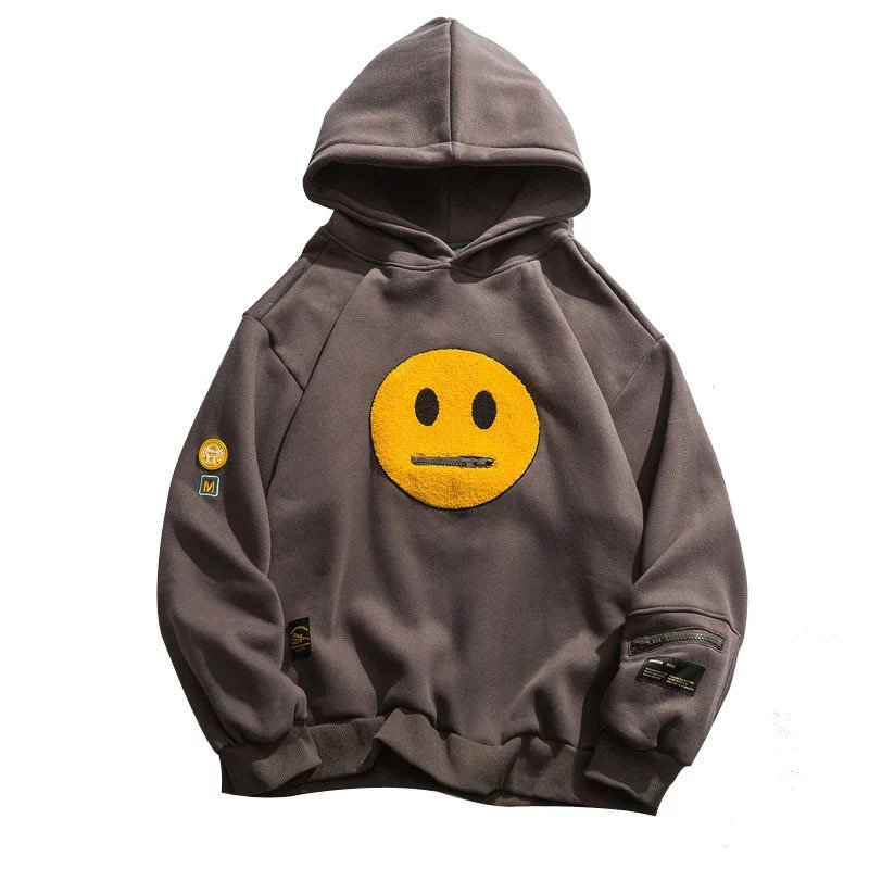 2024 new KYT Autumn Winter Street Pullover Sweater Zip Pocket Smile Face Patchwork Fleece Men's Hoodie