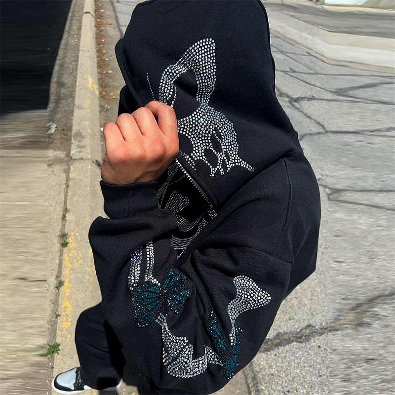 Rhinestone Skull Full Face Zip Up Hoodie Casual Hip Hop Sports Zipper Hoodies