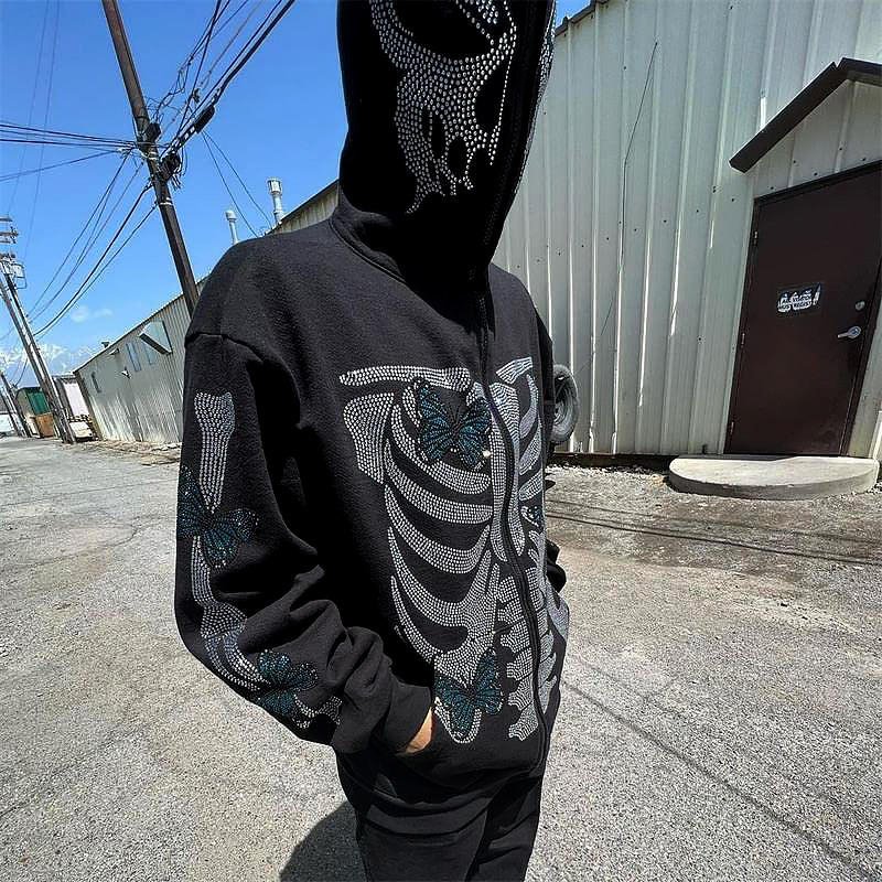 Rhinestone Skull Full Face Zip Up Hoodie Casual Hip Hop Sports Zipper Hoodies