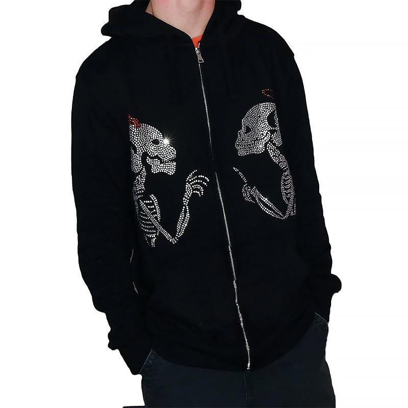 Rhinestone Skull Full Face Zip Up Hoodie Casual Hip Hop Sports Zipper Hoodies