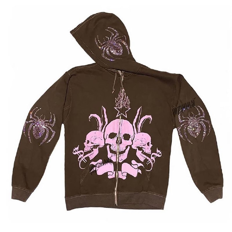 Rhinestone Skull Full Face Zip Up Hoodie Casual Hip Hop Sports Zipper Hoodies