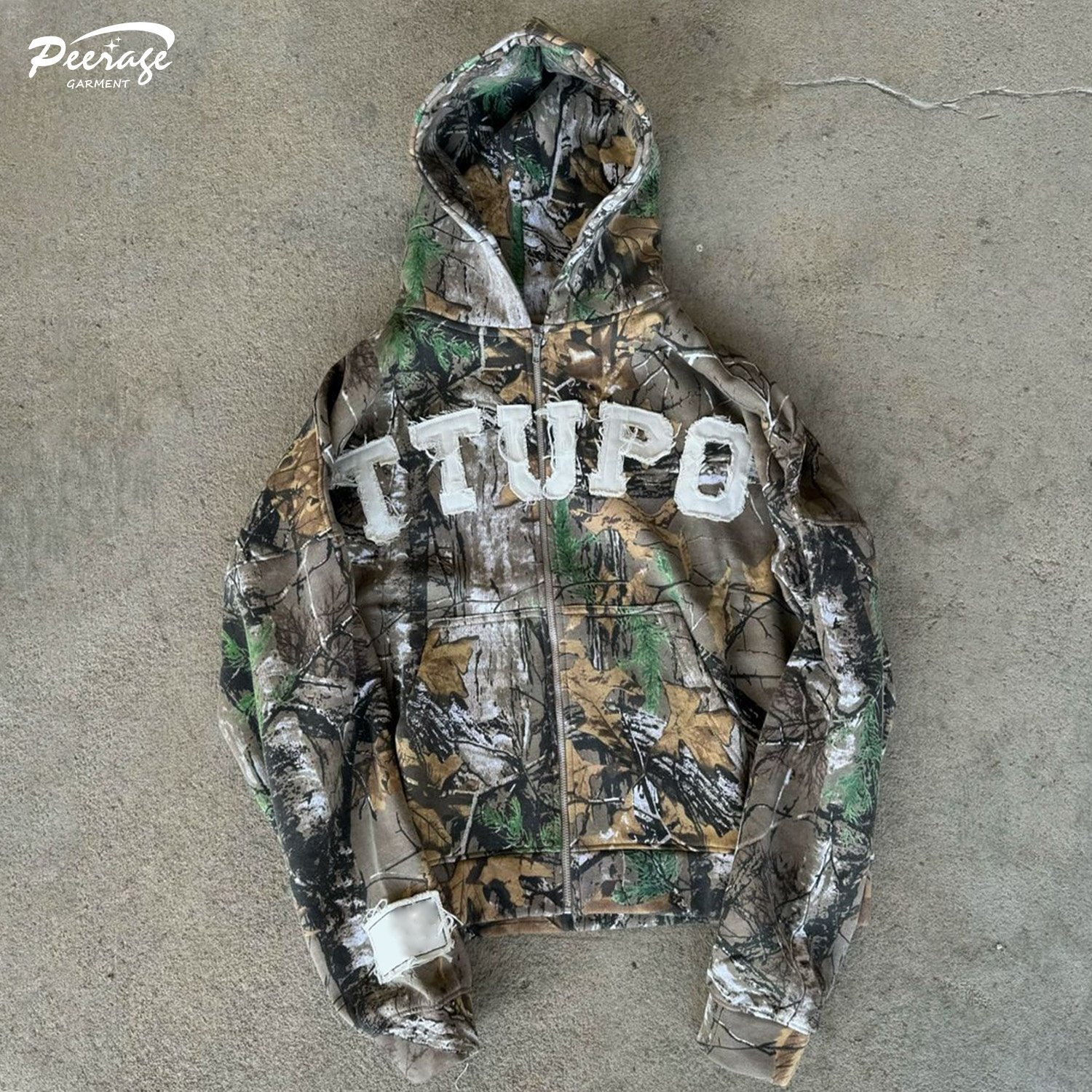 Manufacturer Custom Men's 500Gsm Heavy Weight 100% Cotton Acid Wash Camo Distress Embroider Box Crop Zipper ZipUp Hoodie for Men