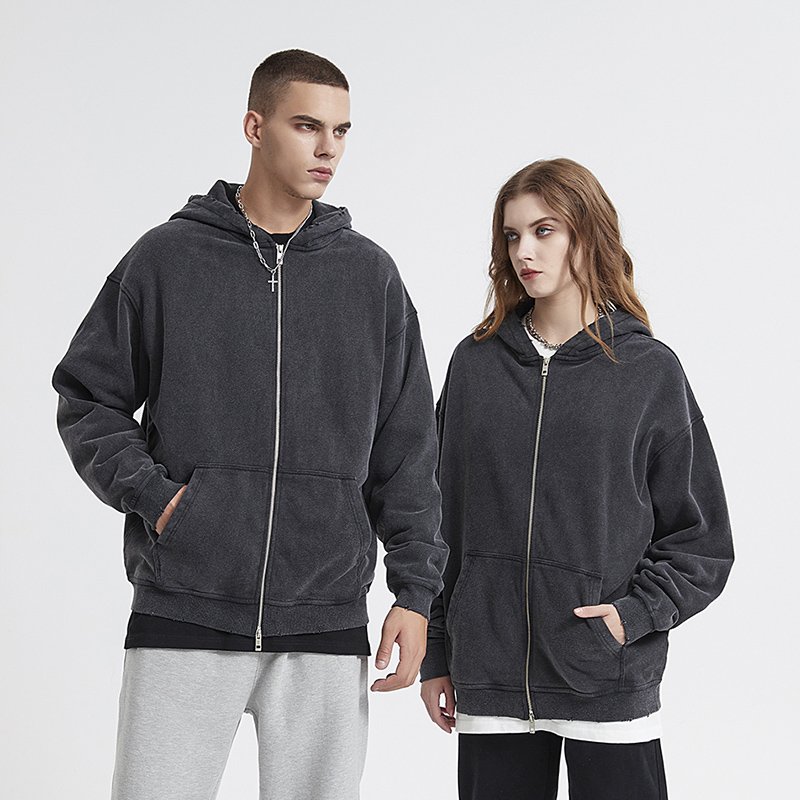 Custom 420gsm Vintage Snow Washed Zip Up Distressed Thick Terry Men's Hoodies Wholesale