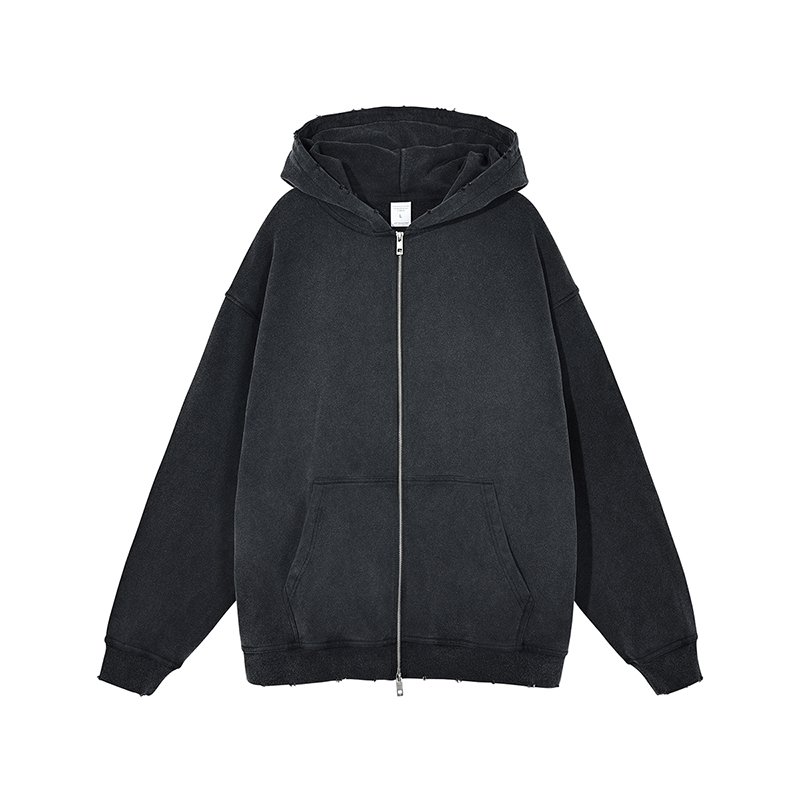 Custom 420gsm Vintage Snow Washed Zip Up Distressed Thick Terry Men's Hoodies Wholesale
