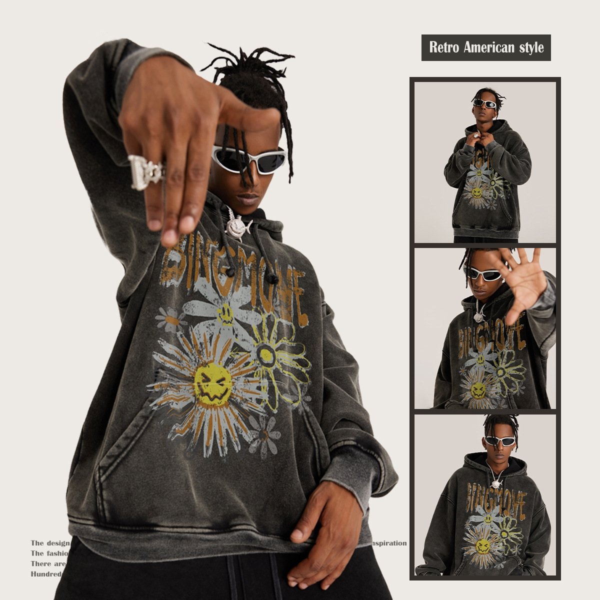 2023 New Autumn and Winter American Style Washed Plush Daisy Printing Hooded Sweatshirts Retro High Street Loose Men's Hoodies