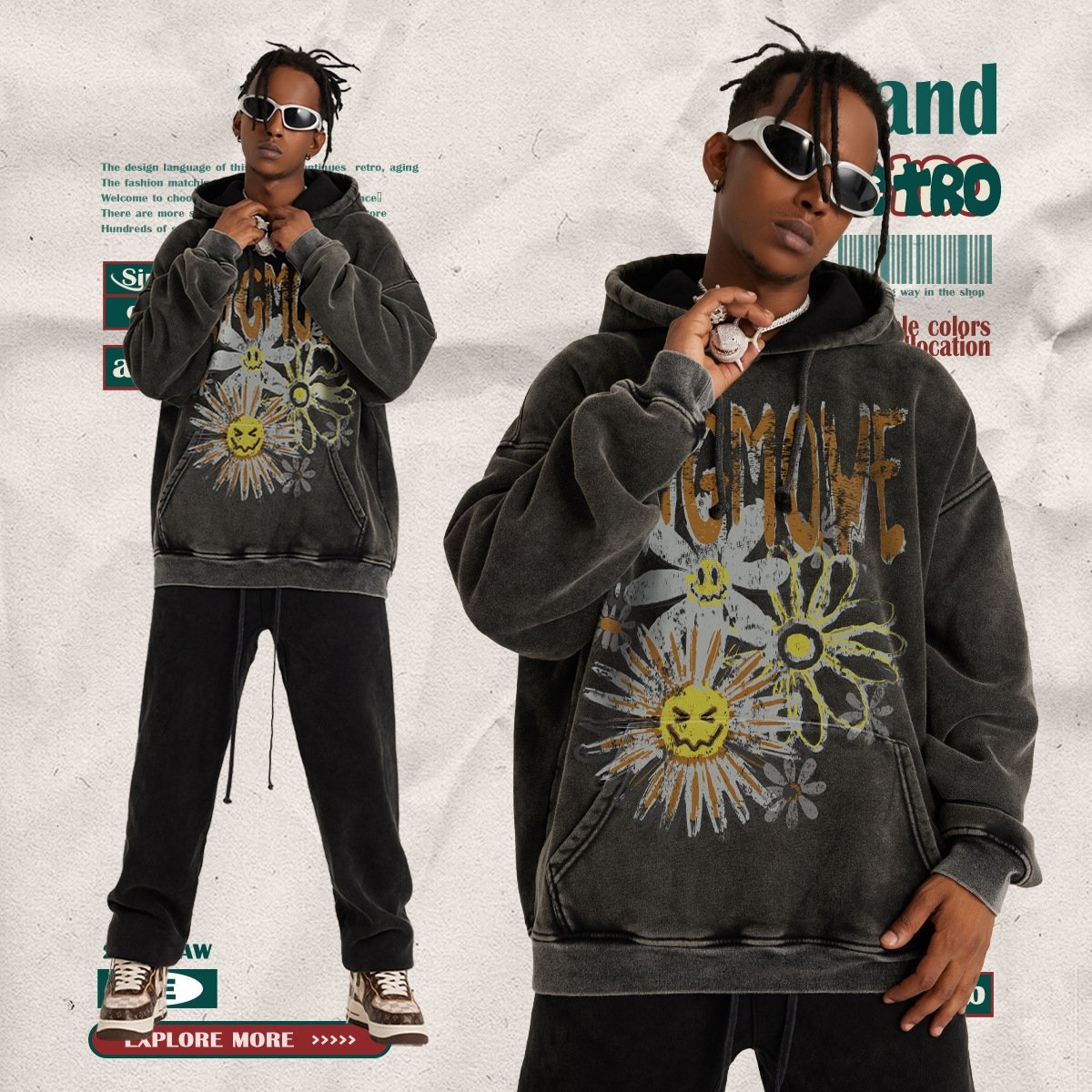 2023 New Autumn and Winter American Style Washed Plush Daisy Printing Hooded Sweatshirts Retro High Street Loose Men's Hoodies