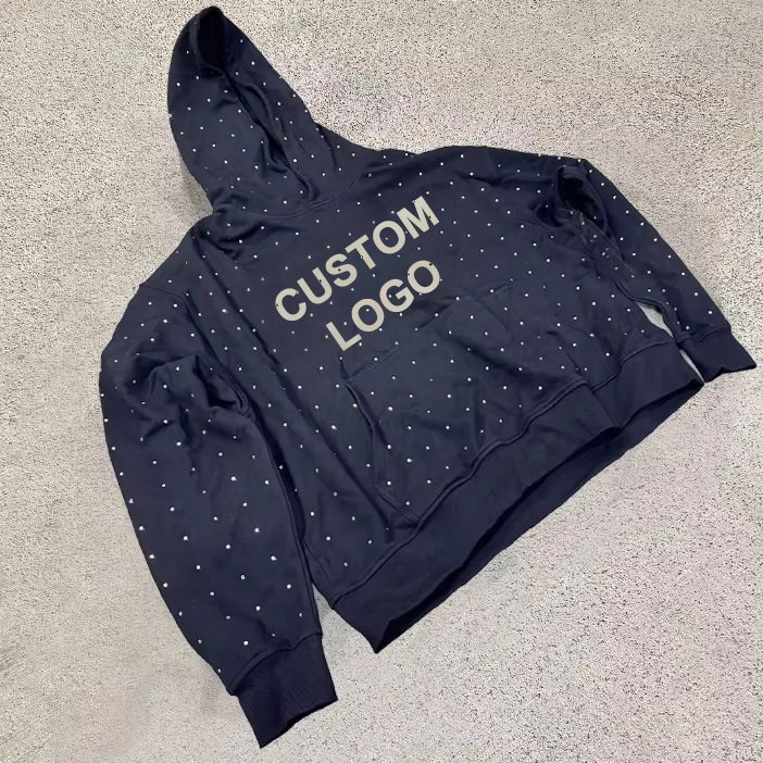 Rhinestone full printed men's hoodies customized logo and pattern shine breathable 100% cotton pullover with pockets