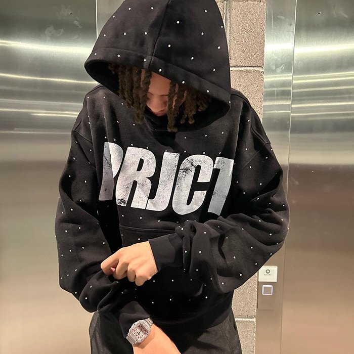 Rhinestone full printed men's hoodies customized logo and pattern shine breathable 100% cotton pullover with pockets