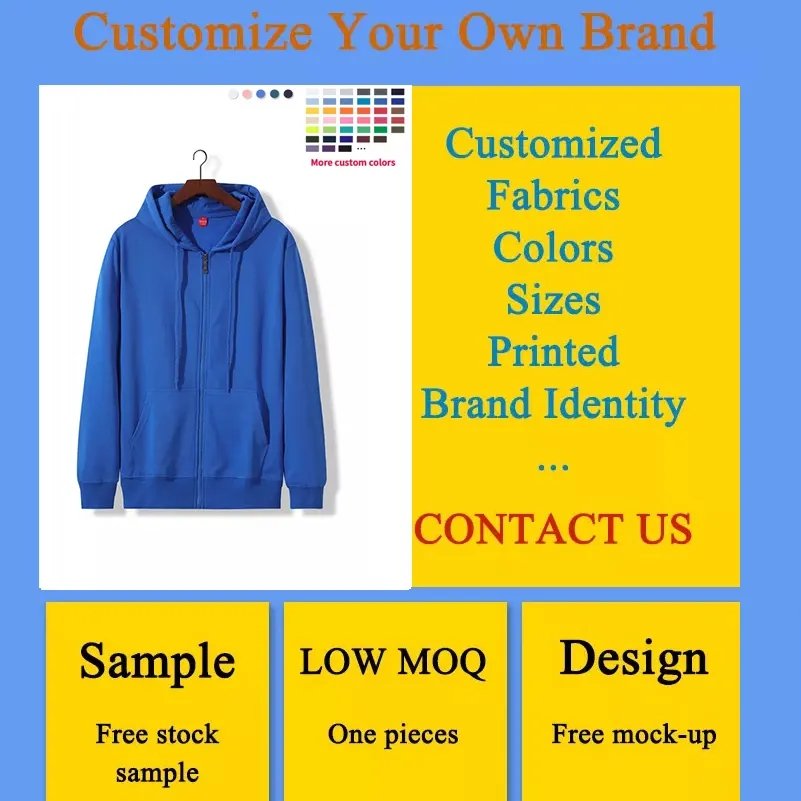 Wholesale Unisex Hoodies Manufacturer 100% Cotton French Terry Sweatshirts Full Zip Up Men's Hoodies with Custom Logo