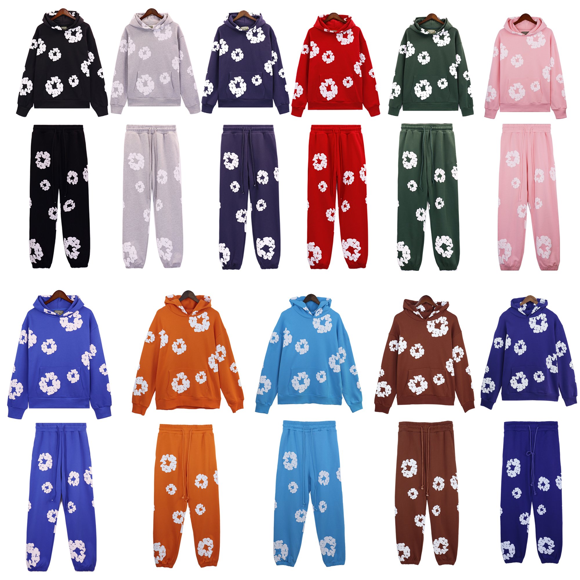 Wholesale High Quality Denim Puff Printing men's sets luxury Unisex Label Cotton French Terry Men's Tears Hoodies&Sweatshirts