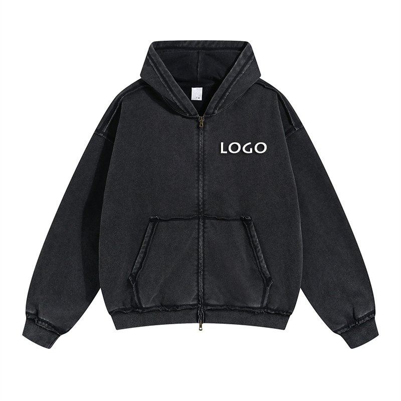 Fashion Casual Distress Double Head Zipper Mens Hoodies Customized 450g Washed Vintage Zip Men's Hoodies